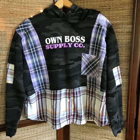 Patchwork Camo Hoodie, Size M-L: Upcycled Hipster Grunge Violet Plaid Sweatshirt - Picture 10 of 14